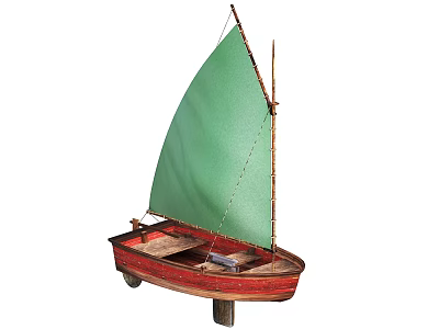 Detailed Handcrafted Sailboat Model With Red Hull Green Sail And Wooden Structure 3d model