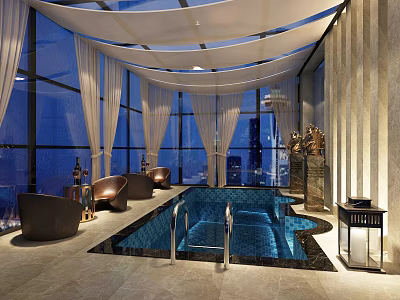 Modern Indoor Swimming Pool Featuring Large Windows Comfortable Lounge Area And Blue Water Design 3d model