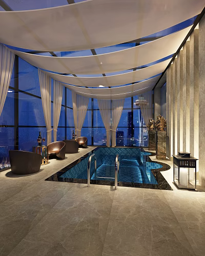 Modern Indoor Swimming Pool Featuring Large Windows Comfortable Lounge Area And Blue Water Design 3d model