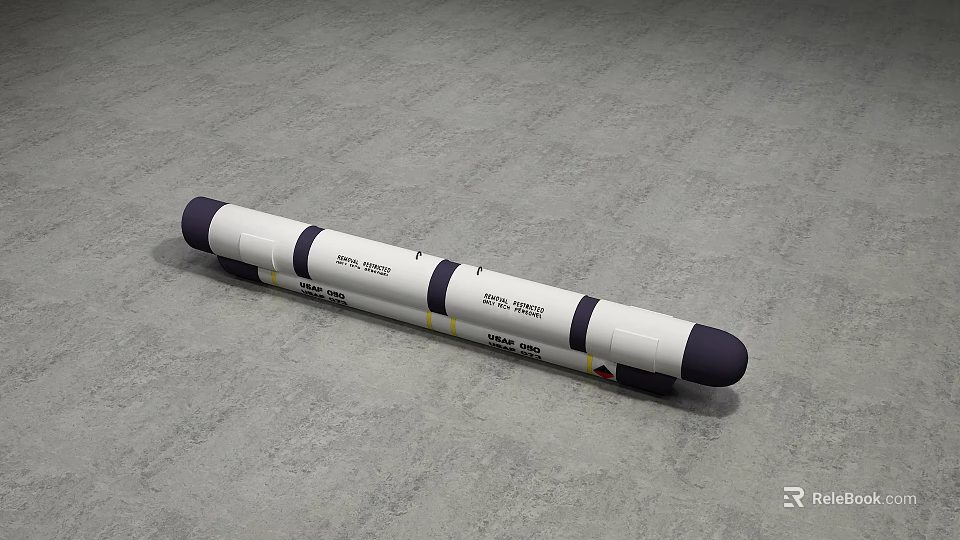 Strike Capable Military Missile With White Black Yellow Stripes On Gray Ground 3d model 