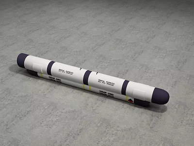 Strike Capable Military Missile With White Black Yellow Stripes On Gray Ground 3d model