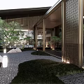 Modern Architectural Facade Featuring Glass Curtain Walls Symmetrical Design Illuminated Entrance And Landscaped Greenery