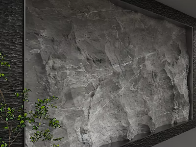 Gray Stone Background Wall with Natural Textured Surface and Green Plant Decor 3d model