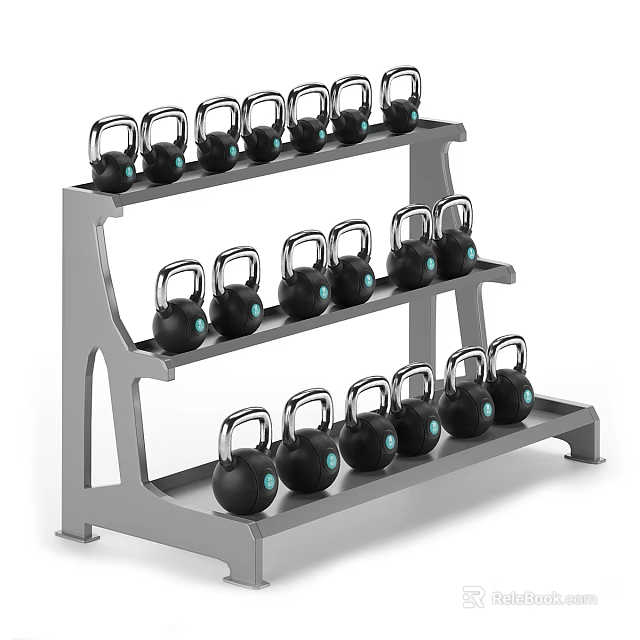 Three Tiered Silver Storage Rack With Neatly Arranged Black Kettlebells Household Items 3d model 