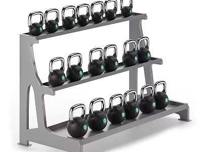 Three Tiered Silver Storage Rack With Neatly Arranged Black Kettlebells Household Items 3d model