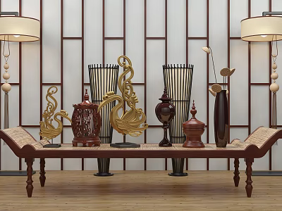 Traditional Decorative Ornament Set With Golden Bird Bamboo And Wooden Elements On Wooden Bench 3d model