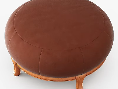 Comfortable Brown Round Leather Stool Featuring Elegant Wooden Legs for Living Space 3d model