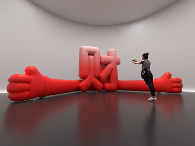 Giant Red Thumbs Up Art Installation Featuring Chinese Character Cai And Person Interacting 3d model