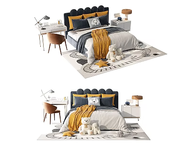 Kids Bed Design With Black Headboard Yellow Blanket Teddy Bear Rug And Desk Chair 3d model