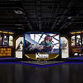 Gaming Character Display Area With Large Screen Figurine Cases Industrial Ceiling Pipes And Kamon Logo