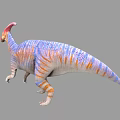 3D Rendered Dinosaur With Blue Orange Stripes And Pink Crest In Walking Pose