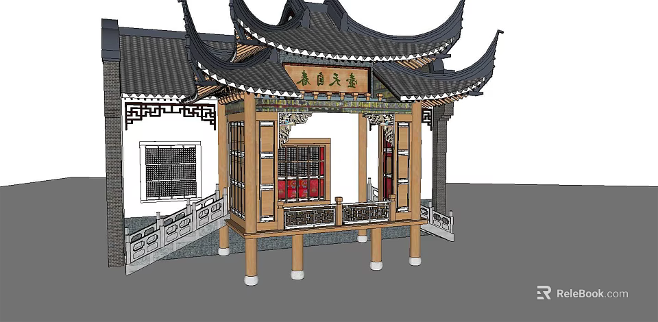 Ancient Chinese Architecture Traditional Wooden Pavilion With Curved Eaves And Carved Railings 3d model 