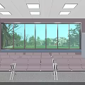 Comfortable Waiting Room With Neatly Arranged Pink Chairs And Large Windows Showing Green Landscape