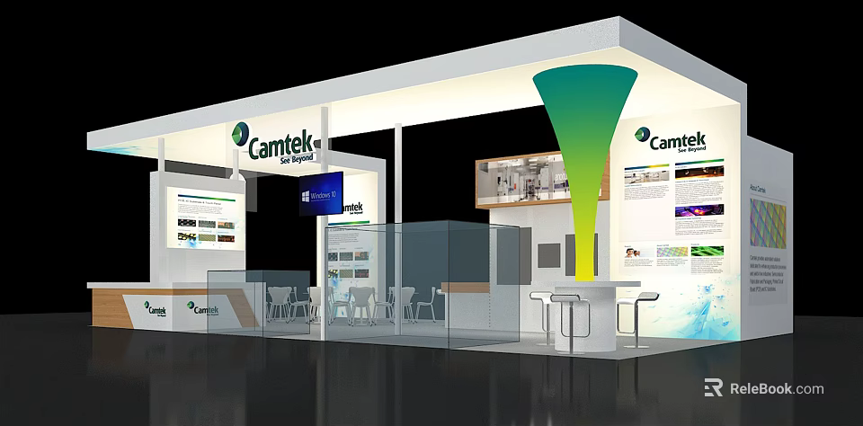 Cantek Exhibition Booth Design With White Structure Green Gradient Accent Display Area Screen And Tables 3d model 
