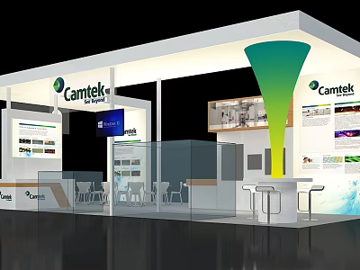 Cantek Exhibition Booth Design With White Structure Green Gradient Accent Display Area Screen And Tables 3d model