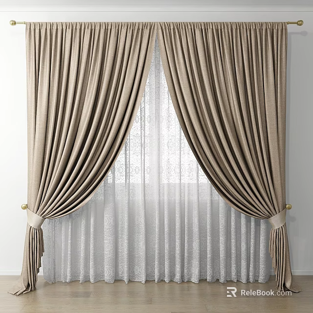 Beige Double Layer Curtains With Sheer Panels And Golden Tiebacks For Window 3d model 