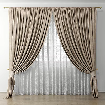 Beige Double Layer Curtains With Sheer Panels And Golden Tiebacks For Window 3d model