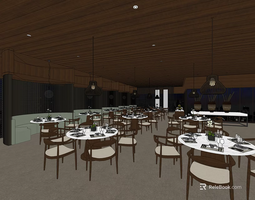 Spacious Restaurant Interior With Round Tables Chairs Table Settings Hanging Lights And Wooden Ceiling 3d model