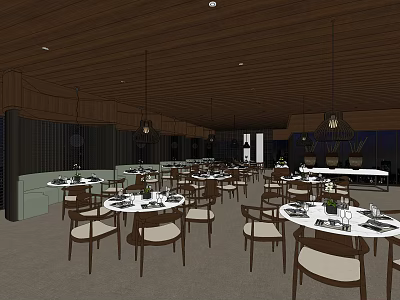 Spacious Restaurant Interior With Round Tables Chairs Table Settings Hanging Lights And Wooden Ceiling 3d model