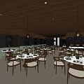 Spacious Restaurant Interior With Round Tables Chairs Table Settings Hanging Lights And Wooden Ceiling 3d model