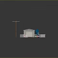Small Outdoor Shed With White Roof And Telephone Poles Near Buckets On Dirt Ground