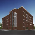 Red Brick Multi Story School Building Facade With Trees And People Walking