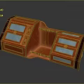 Red Decorative Furniture Piece With Blue Panels And Intricate Carved Design Elements