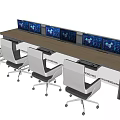 Modern Office Desk With Multiple Data Display Monitors And Ergonomic Chairs 3d model