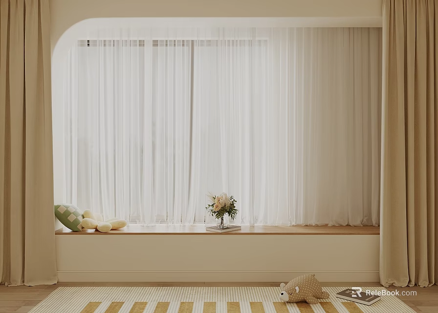 Cozy Modern Window Seat Interior With Beige Curtains Flowers And Soft Pillows On Wooden Sill 3d model 