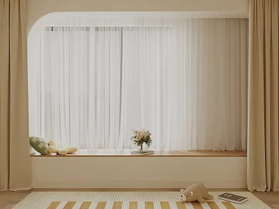 Cozy Modern Window Seat Interior With Beige Curtains Flowers And Soft Pillows On Wooden Sill 3d model