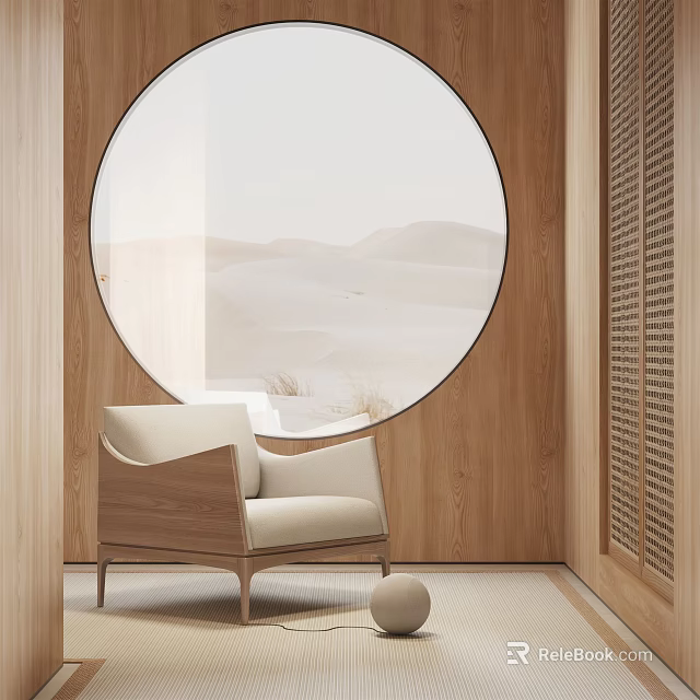 Minimalist Light Beige Single Sofa With Wooden Frame By Round Window Desert View 3d model 
