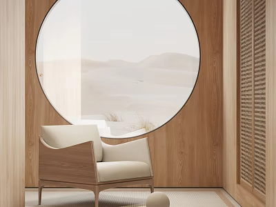 Minimalist Light Beige Single Sofa With Wooden Frame By Round Window Desert View 3d model