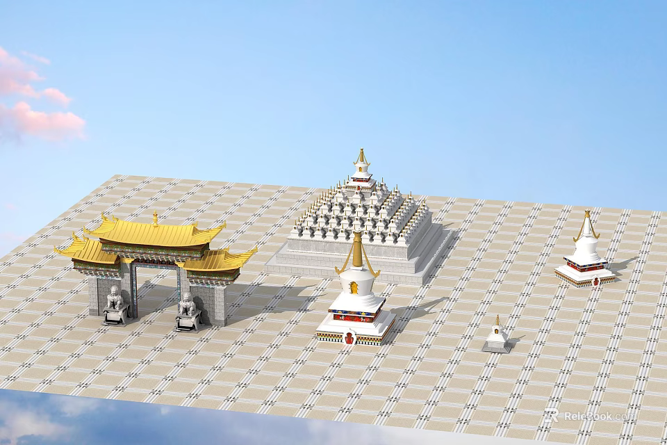 White Pagodas With Golden Tops And Yellow Roofed Gate In Tile Paved Square Under Blue Sky 3d model 