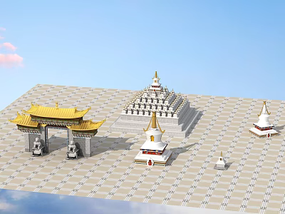 White Pagodas With Golden Tops And Yellow Roofed Gate In Tile Paved Square Under Blue Sky 3d model