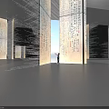 Art Installation With Tall Columns Featuring Calligraphy In Spacious Modern Interior With Standing Person