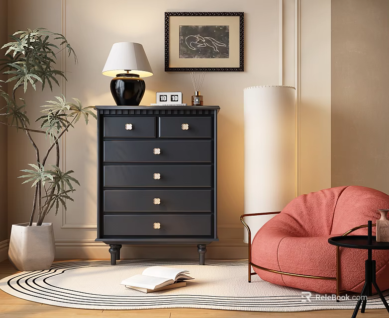Black Entryway Cabinet Sideboard With Gold Handles Drawers Pink Chair Floor Lamp Potted Plant 3d model 