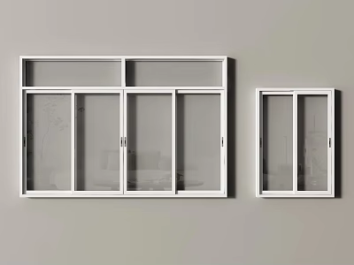 White Frame Double Window Design With Modern Sliding Panels On Gray Wall 3d model