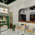 Vibrant Green And Yellow Dessert Shop Interior With Glass Display Cases And Pastry Posters