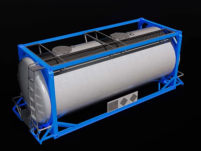 Industrial Equipment Silver Storage Tank With Blue Metal Frame And Structural Supports 3d model