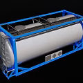 Industrial Equipment Silver Storage Tank With Blue Metal Frame And Structural Supports