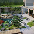 Japanese Zen Courtyard Garden with Stone Moss Trees Wooden Deck Tea Table and Round Cushions