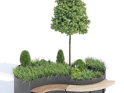 Outdoor Tree Planter With Tall Tree Trimmed Shrubs Green Grass And Wooden Bench 3d model