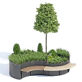 Outdoor Tree Planter With Tall Tree Trimmed Shrubs Green Grass And Wooden Bench