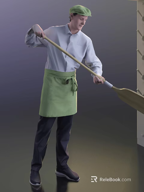 Man Wearing Light Blue Shirt And Green Apron Holding Broom For Indoor Cleaning 3d model 