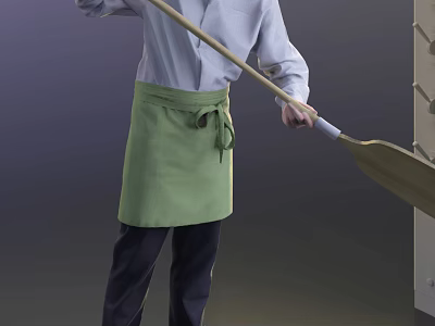 Man Wearing Light Blue Shirt And Green Apron Holding Broom For Indoor Cleaning 3d model
