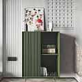 Green Sideboard With Decorative Painting Vase Books And Gray Wall Decor
