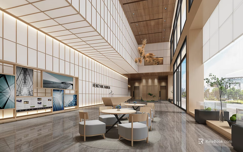 Modern Front Desk Reception Area Design With Wooden Ceiling Large Windows And Lounge Seating 3d model 
