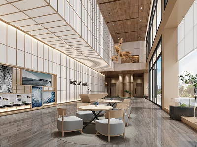 Modern Front Desk Reception Area Design With Wooden Ceiling Large Windows And Lounge Seating 3d model