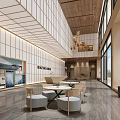 Modern Front Desk Reception Area Design With Wooden Ceiling Large Windows And Lounge Seating