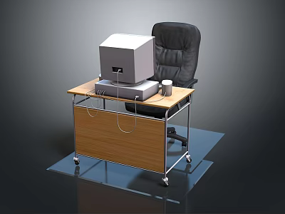 Wooden Desk With Old Fashioned Computer Monitor Black Leather Chair And Wheels With Lower Cabinet 3d model